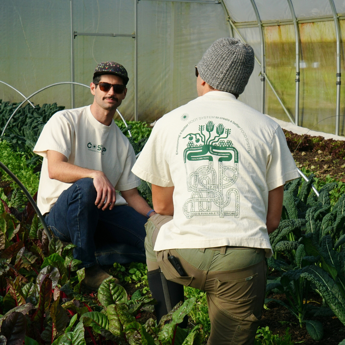 Men wearing  COSAP tees,  Reclaimed Cotton Tshirt, COSAP Co-op Community Supported Apparel Tee tshirt, mission based tshirt