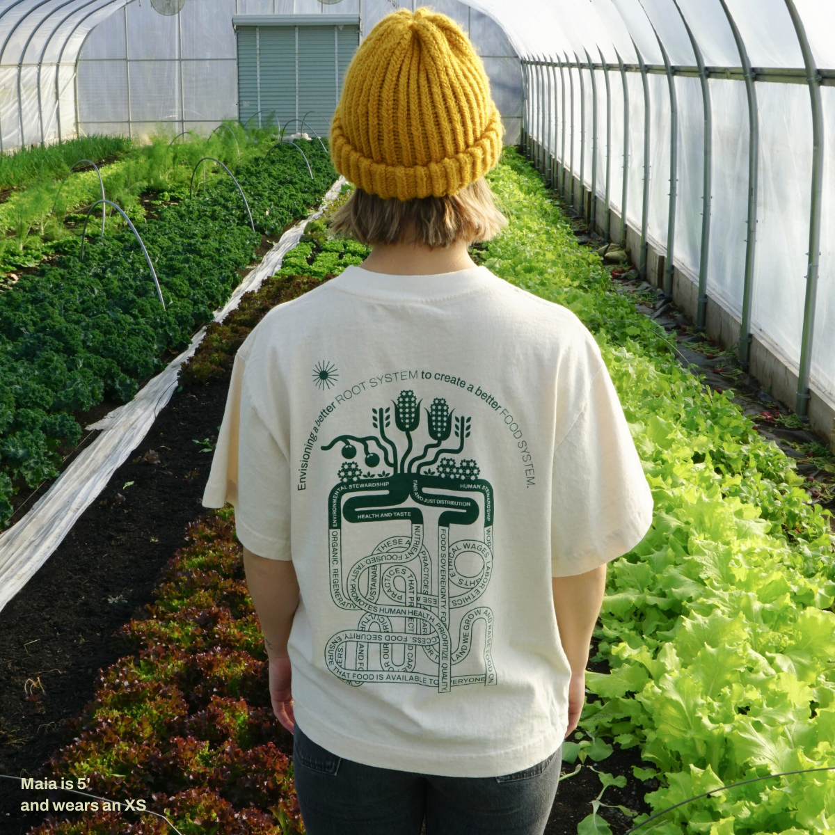 girl wearing COSAP tee, Reclaimed Cotton Tshirt, COSAP Co-op Community Supported Apparel Tee tshirt, mission based tshirt